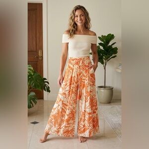 Cream & Orange Wide-Leg Printed Palazzo Pants